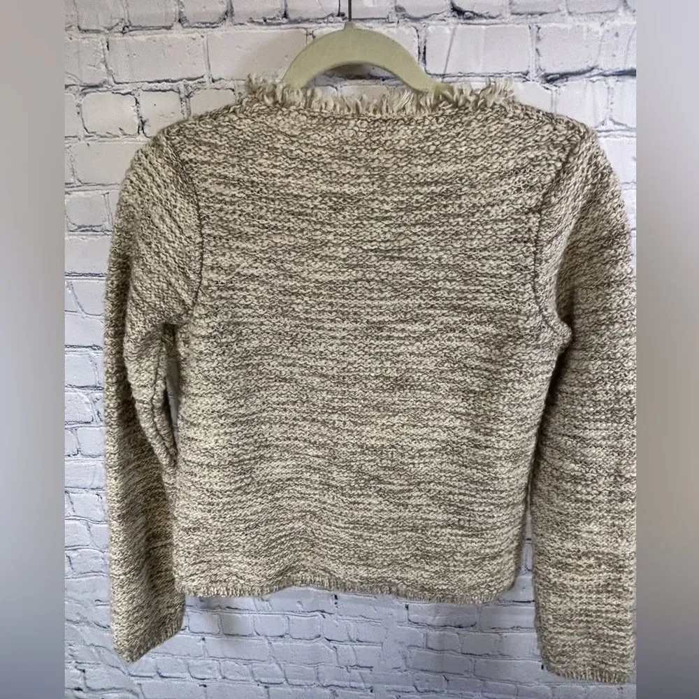 COCOGIO Cream Brown Marled Wool Cozy Boho Fringed Academia Cardigan Sweater XS